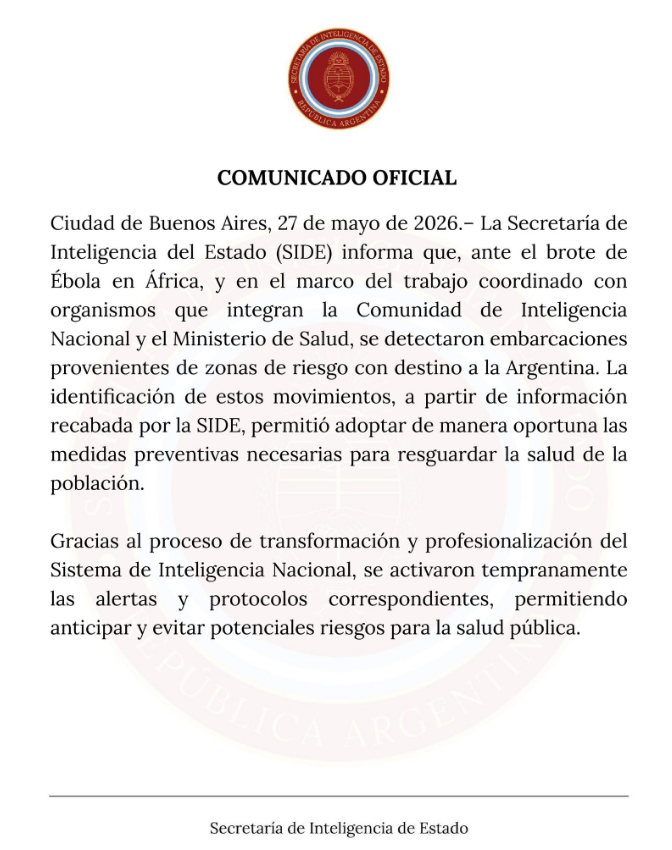 Ébola: la SIDE activó protocolos tras detectar embarcaciones de riesgo rumbo a la Argentina 1 Captura%20de%20pantalla%202026 05 27%20151200.png 6a17352ed2982