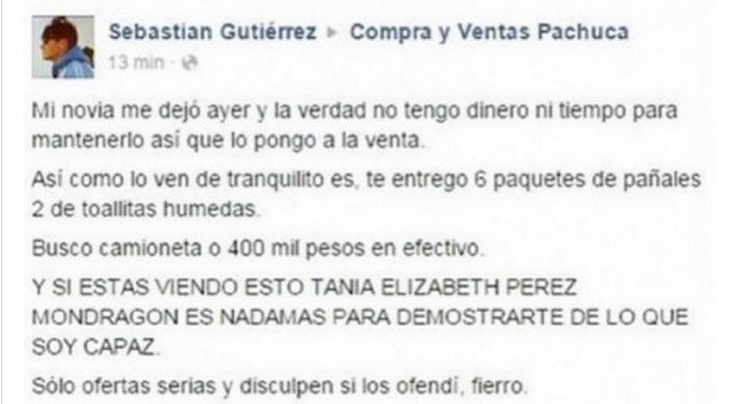 Puso a la venta a su hijo a través de Facebook por US$26.000 o una camioneta | Curiosidades