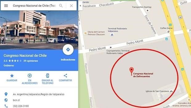En Google Maps nombran al Parlamento chileno como Congreso Nacional de Delincuentes | Redes