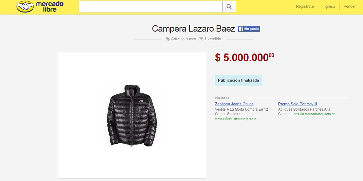 Un aviso de Internet pide 5 millones de pesos por una campera de Lázaro Báez | Redes