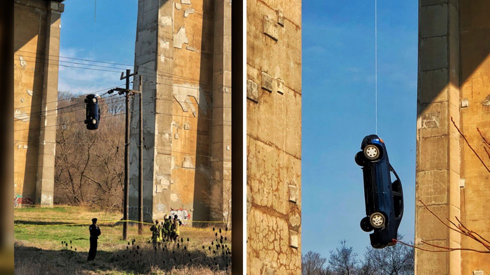 ¿La peor broma? Apareció un auto colgado de un puente | Internacionales