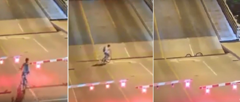Por no respetar las señales, ciclista cayó en un puente levadizo | Redes