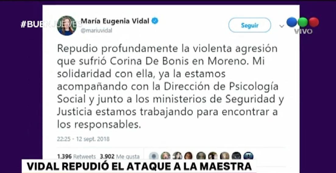 Vidal repudió la agresión a la docente en Moreno | Política