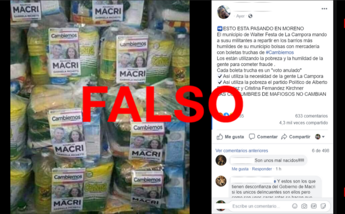 No, la municipalidad de Moreno no está repartiendo bolsones de comida con boletas truchas de Cambiemos | Elecciones 2019