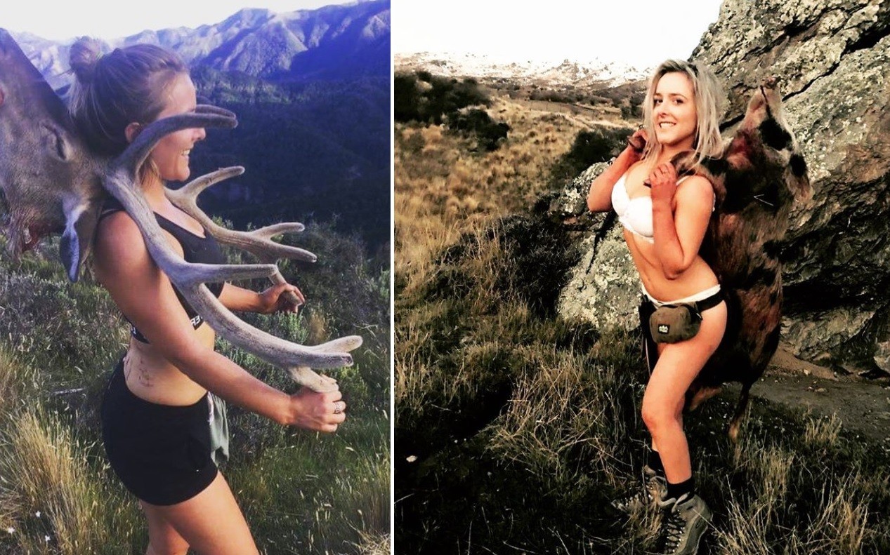Amenanzan de muerte a la cazadora que posa en ropa interior con sus "trofeos" | Redes