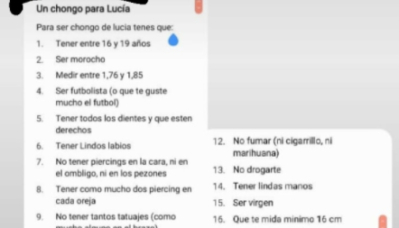 "Ser virgen, tener auto, ser un poco tóxico": la insólita lista de requisitos de Lucía, una adolescente que busca novio | Redes