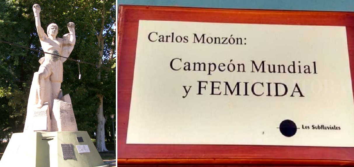 "Campeón Mundial y femicida": la placa que colocó un colectivo feminista en una estatua de Carlos Monzón | Actualidad
