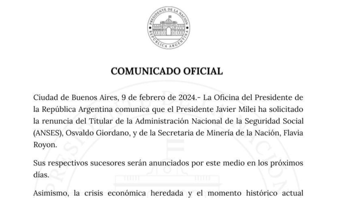 Milei le pidió la renuncia a Giordano, titular de ANSES y a Flavia Royon, secretaria de Minería | Política