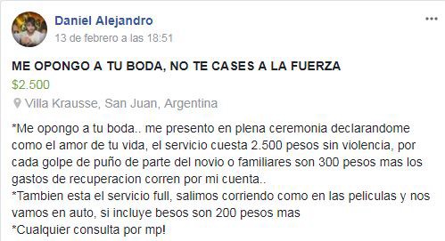 "Me opongo a tu boda, no te cases a la fuerza", el insólito servicio que ofrece un joven sanjuanino | Redes
