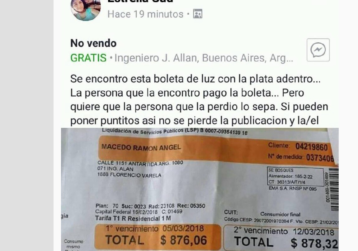 Encontró una boleta de Edesur a punto de vencer con todo el dinero, la pagó y se hizo viral | Redes