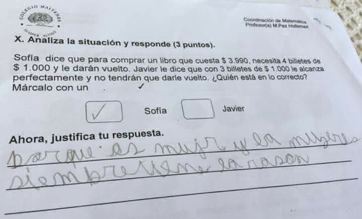 “Es mujer y las mujeres siempre tienen la razón”: la GENIAL respuesta de un nene en un problema matemático | Redes