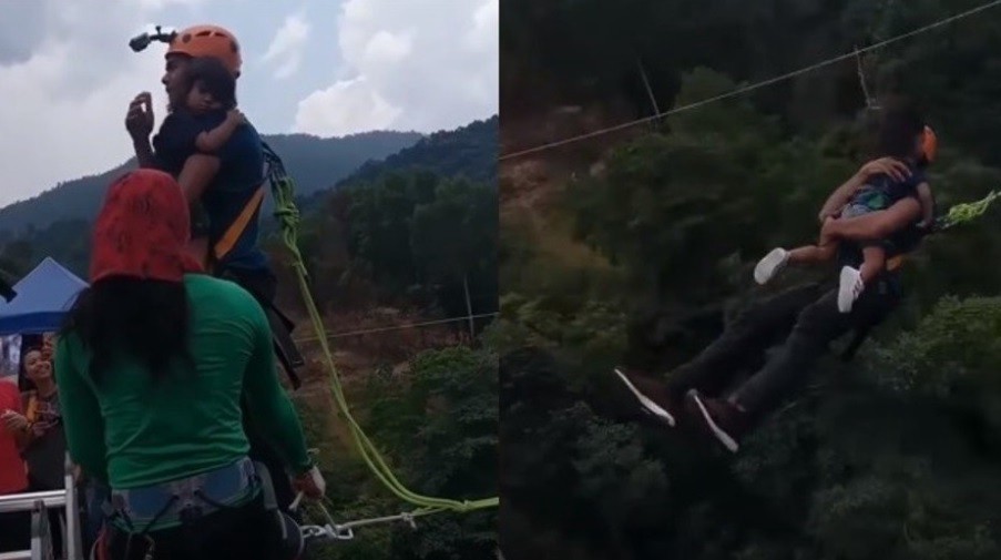 Padre hace bungee jumping con su hija en brazos sin protección y estallan las redes | Redes