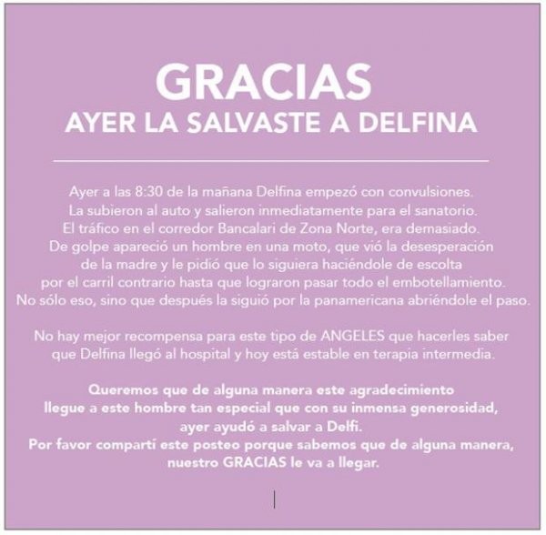 Buscan a un motoquero que salvó a una nena con convulsiones y desapareció | Actualidad