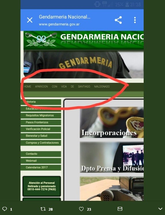 Hackearon la web de Gendarmería y escribieron "Aparición con vida de Santiago Maldonado", | Actualidad