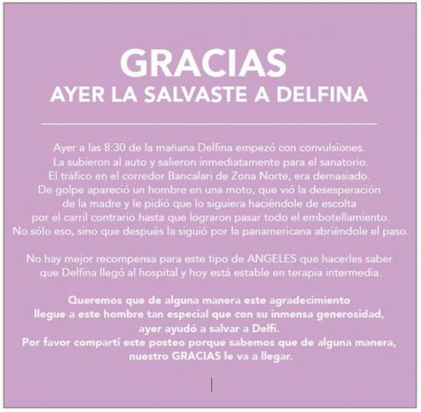 Buscan a un motoquero que salvó a una nena con convulsiones y desapareció | Actualidad