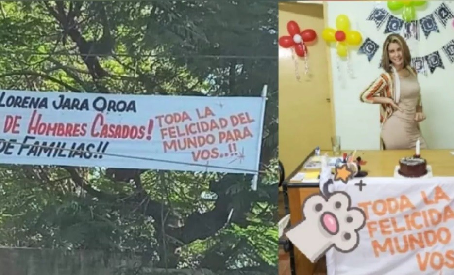 Le pusieron un pasacalles para acusarla de "roba maridos", bajó el cartel y lo usó en su festejo de cumpleaños | Internacionales