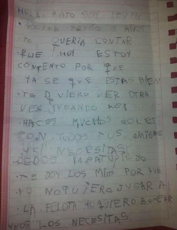 La emotiva carta del nene que le ofreció sus dedos del pie a Patricio Toranzo | Deportes