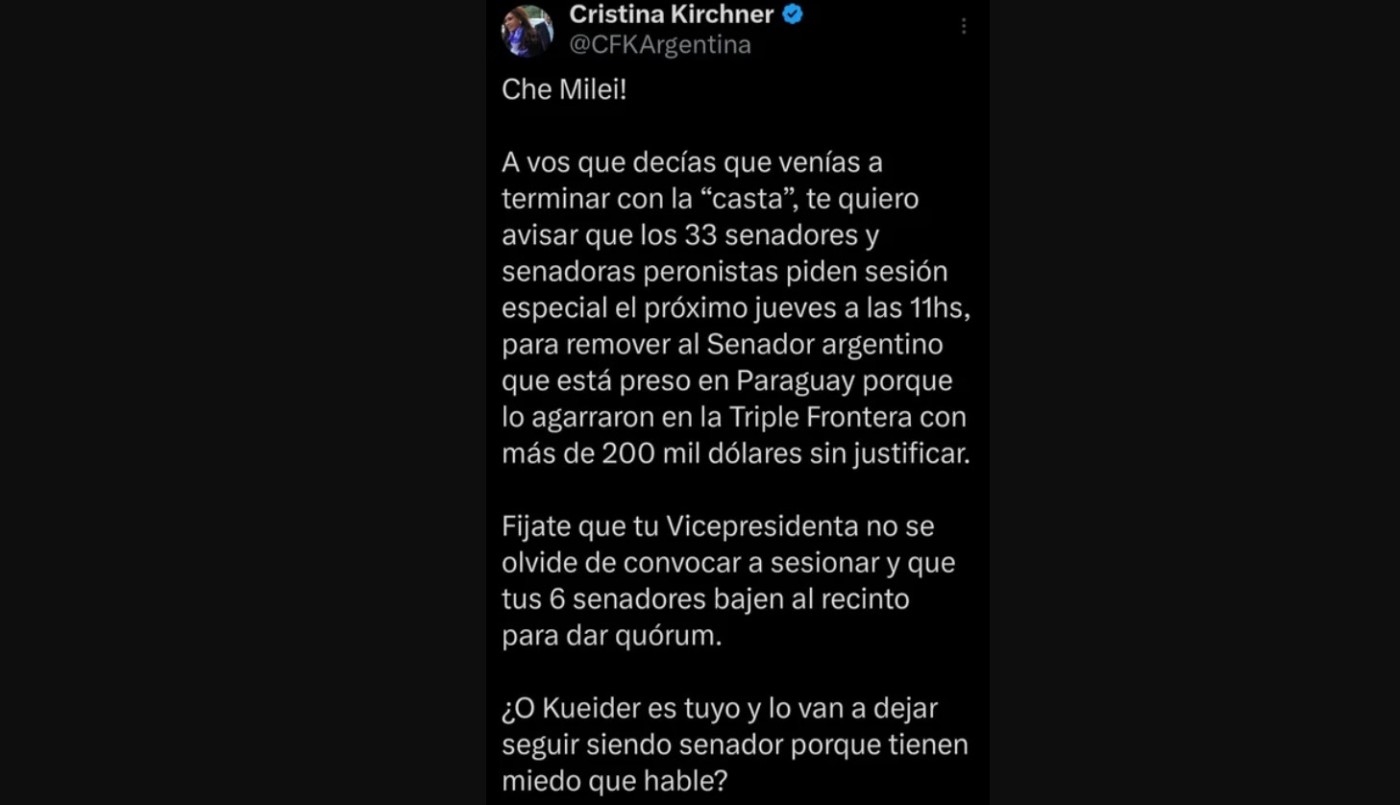 Cristina y un dardo a Milei por Kueider: "¿Tienen miedo que hable? | Política