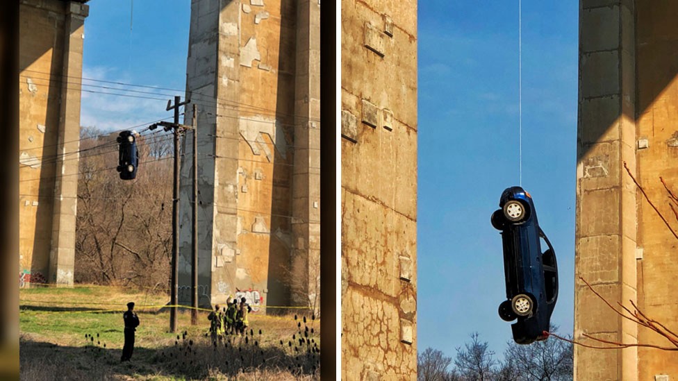 ¿La peor broma? Apareció un auto colgado de un puente | Internacionales