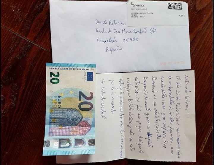 Un hombre se fue sin pagar de un bar y envió una carta con la plata 17 días después | Redes