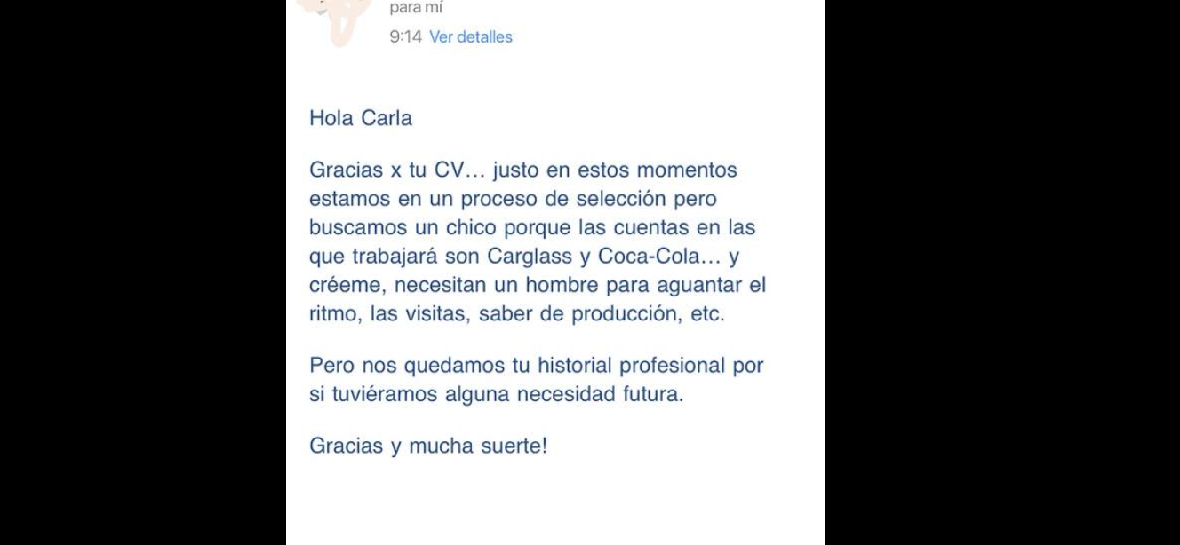 La respuesta machista y discriminatoria de una empresa a una chica que mandó su CV buscando trabajo | Redes