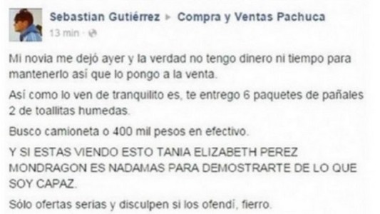 Puso a la venta a su hijo a través de Facebook por US$26.000 o una camioneta