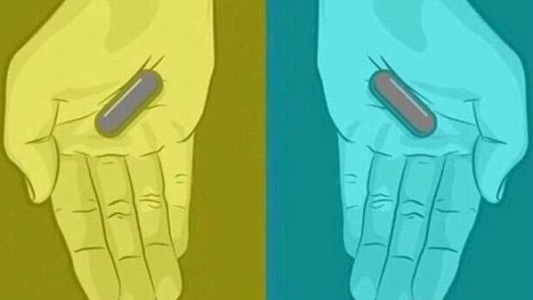 ¿De qué color ves estas píldoras: las dos grises o una azul y la otra roja?