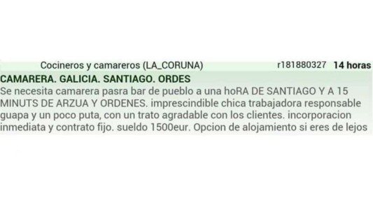 Indigna una oferta de trabajo machista publicada por un bar en España
