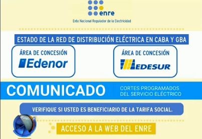 Cortes programados: las planillas en el sitio web del ENRE