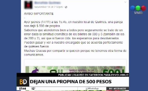Un bar de Quilmes publicó un mensaje en Facebook para devolver una propina de 500 pesos