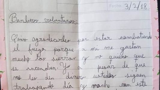 La conmovedora carta de una nena a los Bomberos Voluntarios por apagar el incendio de Sierra de la Ventana