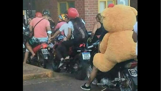 El oso de peluche que "cruzó" en moto en la frontera en Misiones y se volvió viral