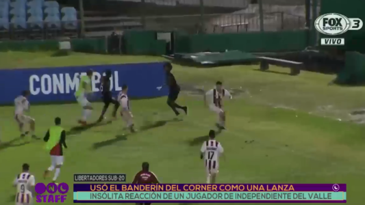 Un jugador usó el banderín del corner como una lanza para defenderse de sus rivales