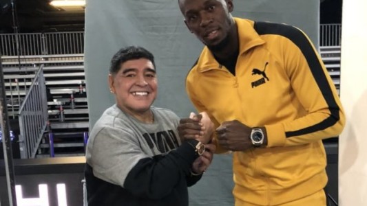 Dos potencias se saludan: Maradona y Bolt, juntos en Suiza