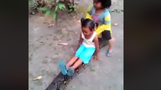 Impresionante video: dos nenas juegan con una enorme pitón