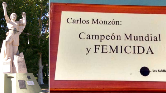 "Campeón Mundial y femicida": la placa que colocó un colectivo feminista en una estatua de Carlos Monzón
