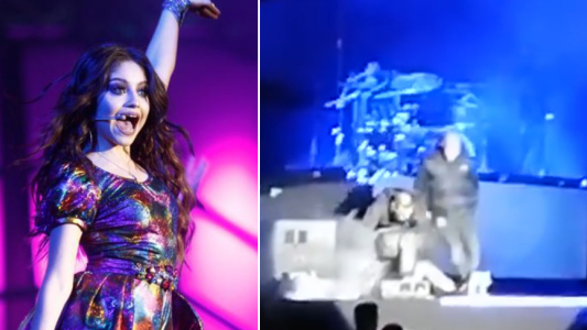 Así fue la fuerte caída de Karol Sevilla en pleno recital