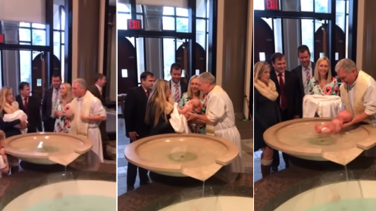 De no creer: un cura estaba bautizando un bebé y tuvo un accidente