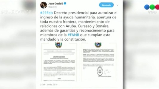 Guaidó firmó un "decreto presidencial" para facilitar el ingreso de la ayuda humanitaria