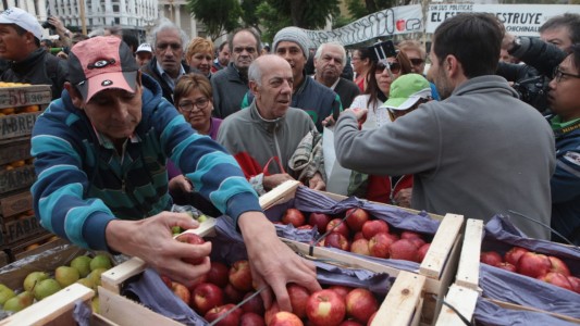 Frutazo en Plaza de Mayo: reparten manzanas, peras y cítricos gratis para protestar