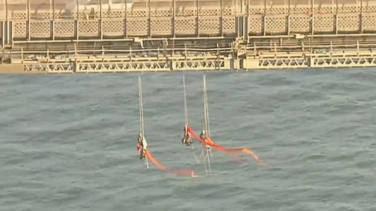 Ecologistas colgados de un puente