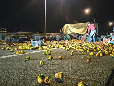 Volcó un camión y desparramó su carga de morrones y tomates