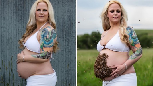 La historia detrás de la foto de la mujer embarazada con 10 mil abejas en su panza
