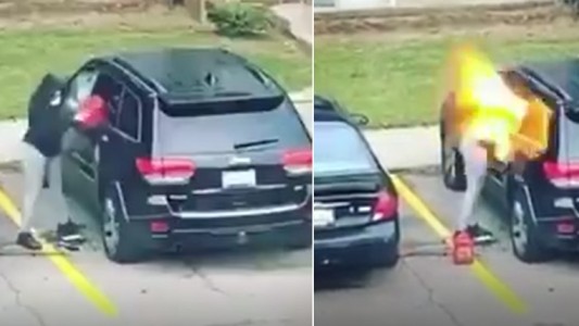 Video: prendió fuego el auto de su ex, le explotó en la cara y fue detenida
