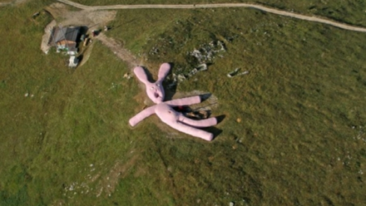 El extraño conejo gigante de peluche que "vive" en la cima de un monte