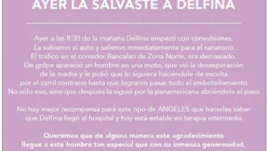 Buscan a un motoquero que salvó a una nena con convulsiones y desapareció