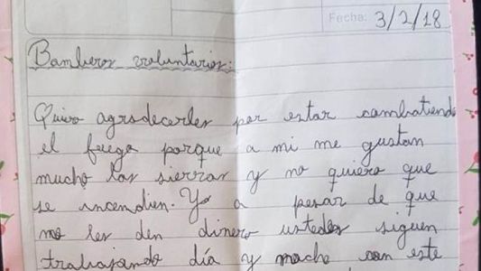 La conmovedora carta de una nena a los Bomberos Voluntarios por apagar el incendio de Sierra de la Ventana