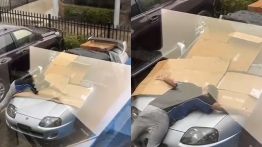 El granizo lo agarró desprevenido y protegió su coche con su propio cuerpo