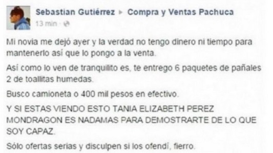 Puso a la venta a su hijo a través de Facebook por US$26.000 o una camioneta