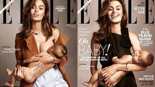 Una modelo amamanta a su bebé para la portada de una revista de moda